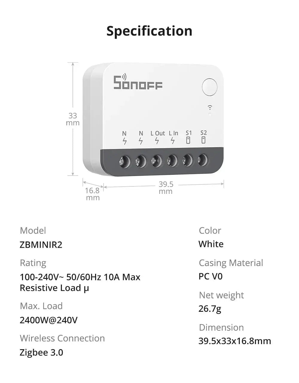 SONOFF ZBMINIR2 white Zigbee smart switch with detachable relay and 6-terminal block (N L Out In S1 S2)