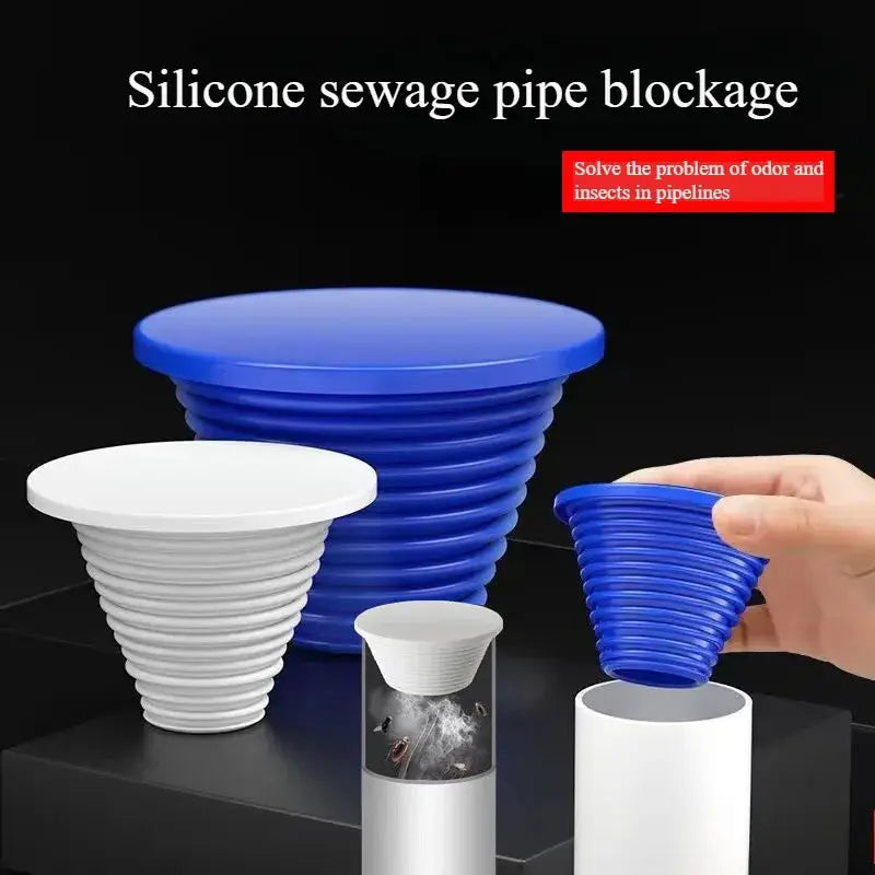 Simples Market silicone drain seal stoppers; white and blue collapsible sewer plugs in multiple sizes