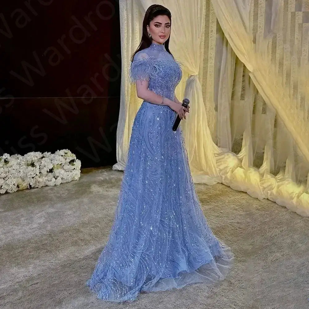 Customized Prom Dress Organza Beaded Feather Draped A Line Long