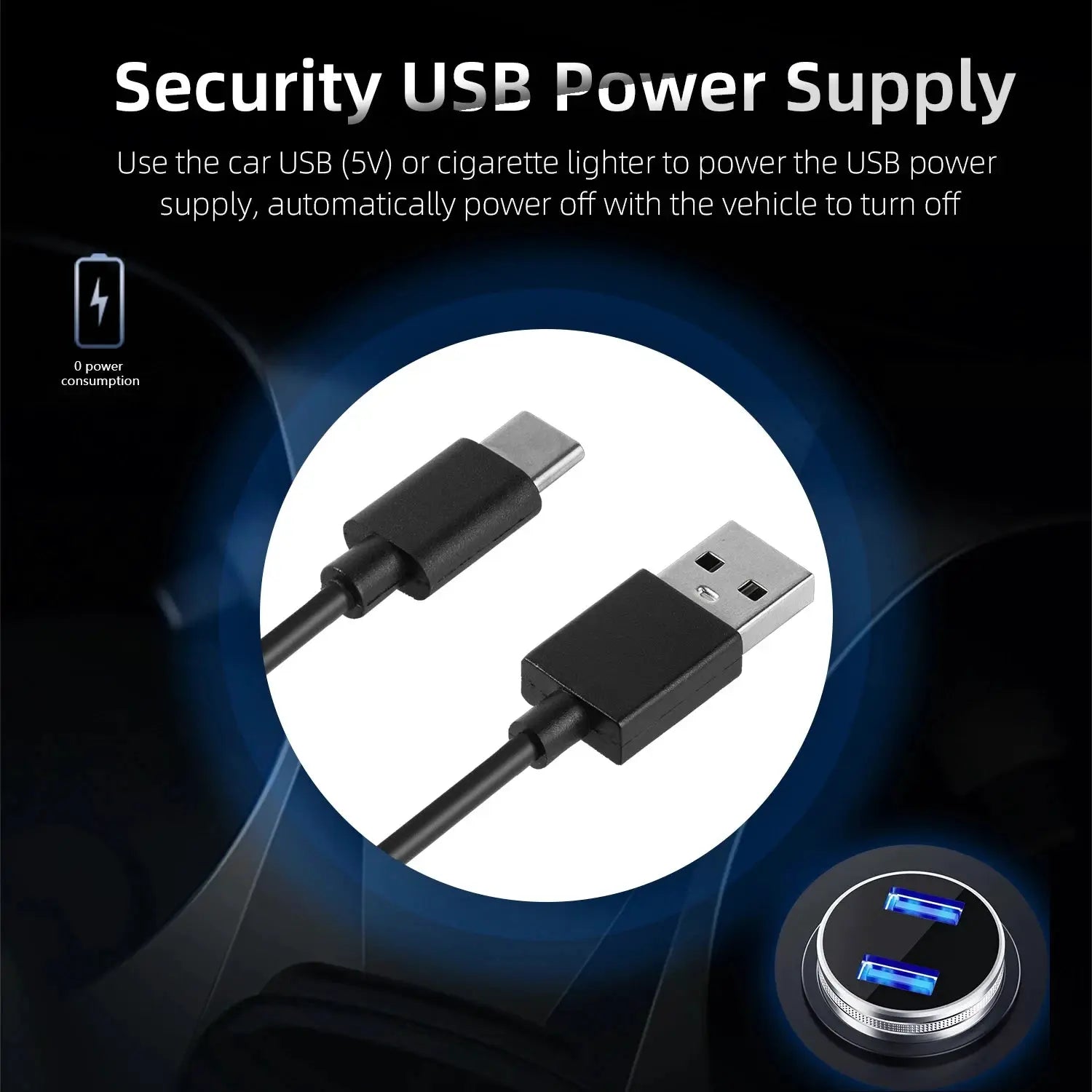 HD Car Head-Up Display M2 USB-C to USB-A power cable; two-piece black set with car charger and USB connectors