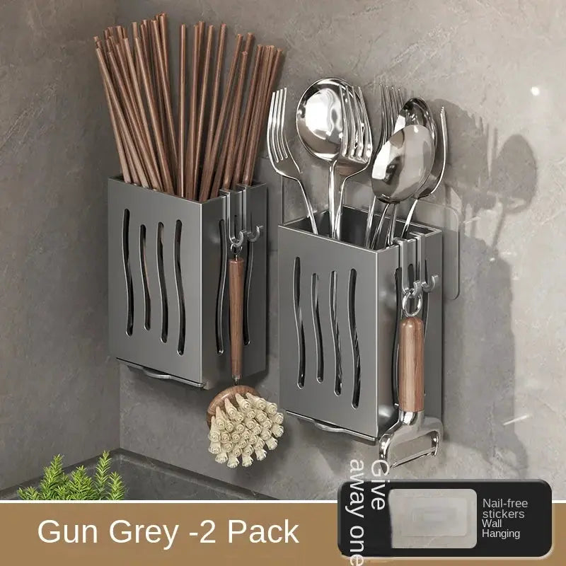 Chopsticks storage and utensil holder set, gun-gray, 2-pack, wall-mounted with utensil slots.
