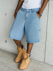 Men's wide-leg denim shorts in light blue for summer, utility style