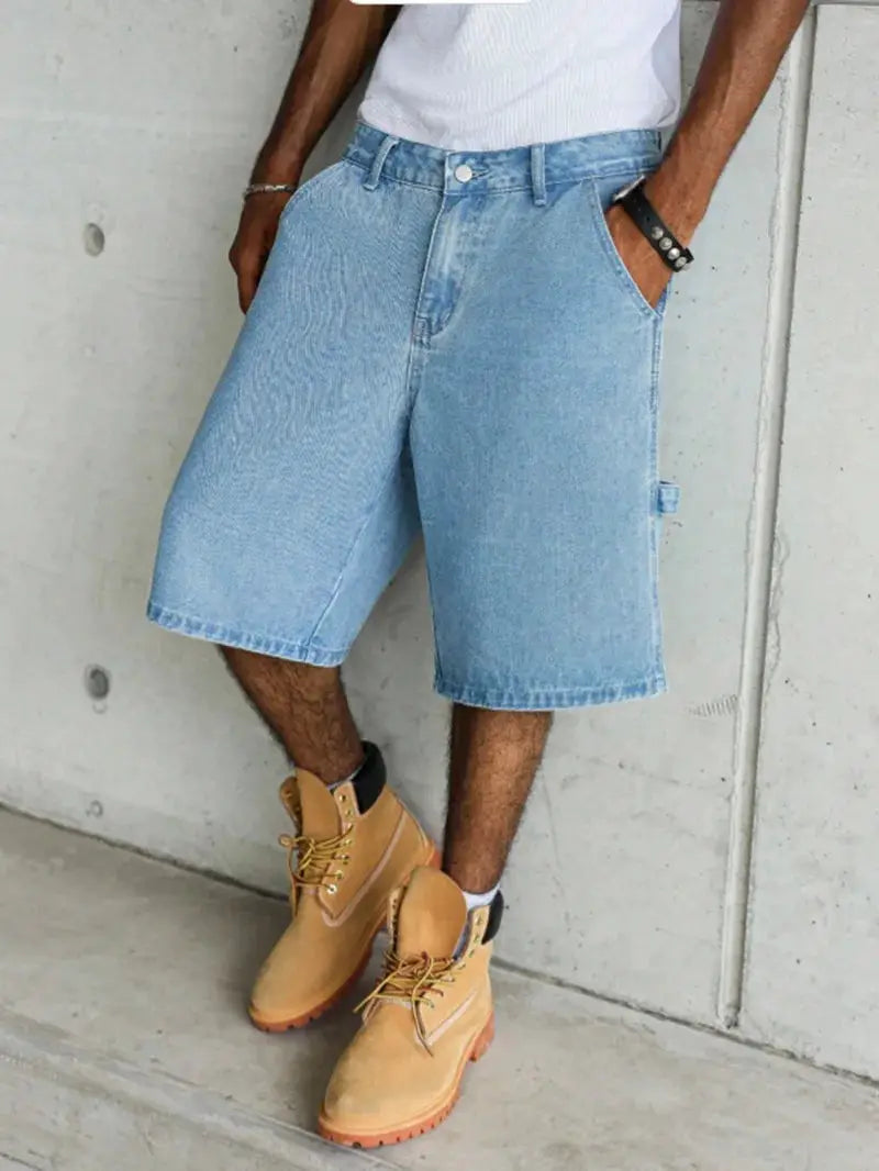 Men's wide-leg denim shorts in light blue for summer, utility style