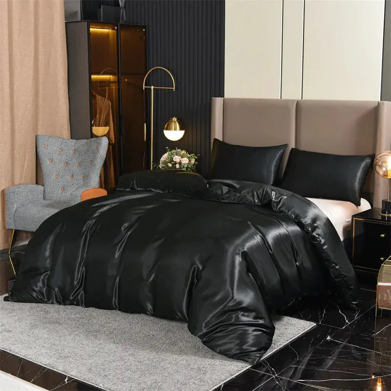 3pc satin duvet cover set, queen size, black, luxury silky soft by Simples Market