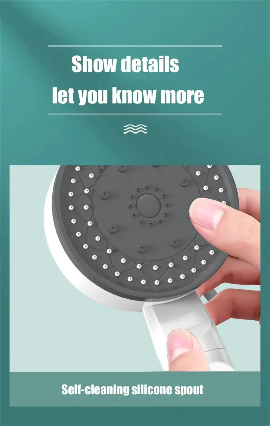 Handheld showerhead with 10 modes and self-cleaning silicone spouts; grey head, white handle.