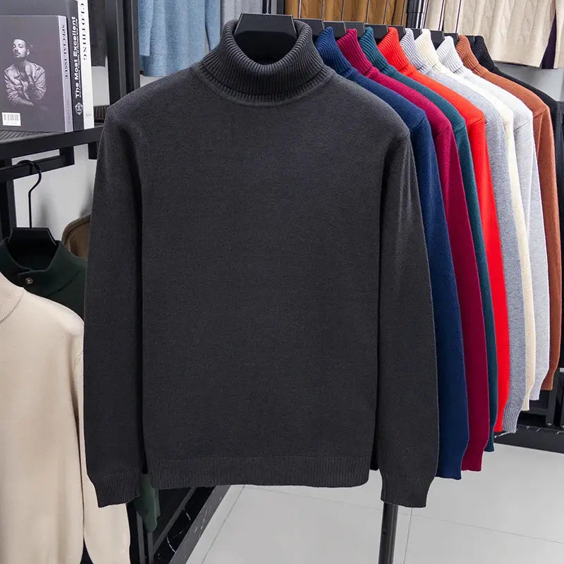 Men's dark gray knitted turtleneck sweater on display with an assortment of color options