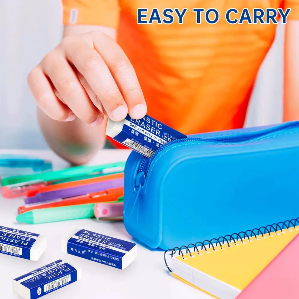 Pencil erasers in a blue zippered case; bulk soft large PVC erasers for school and art