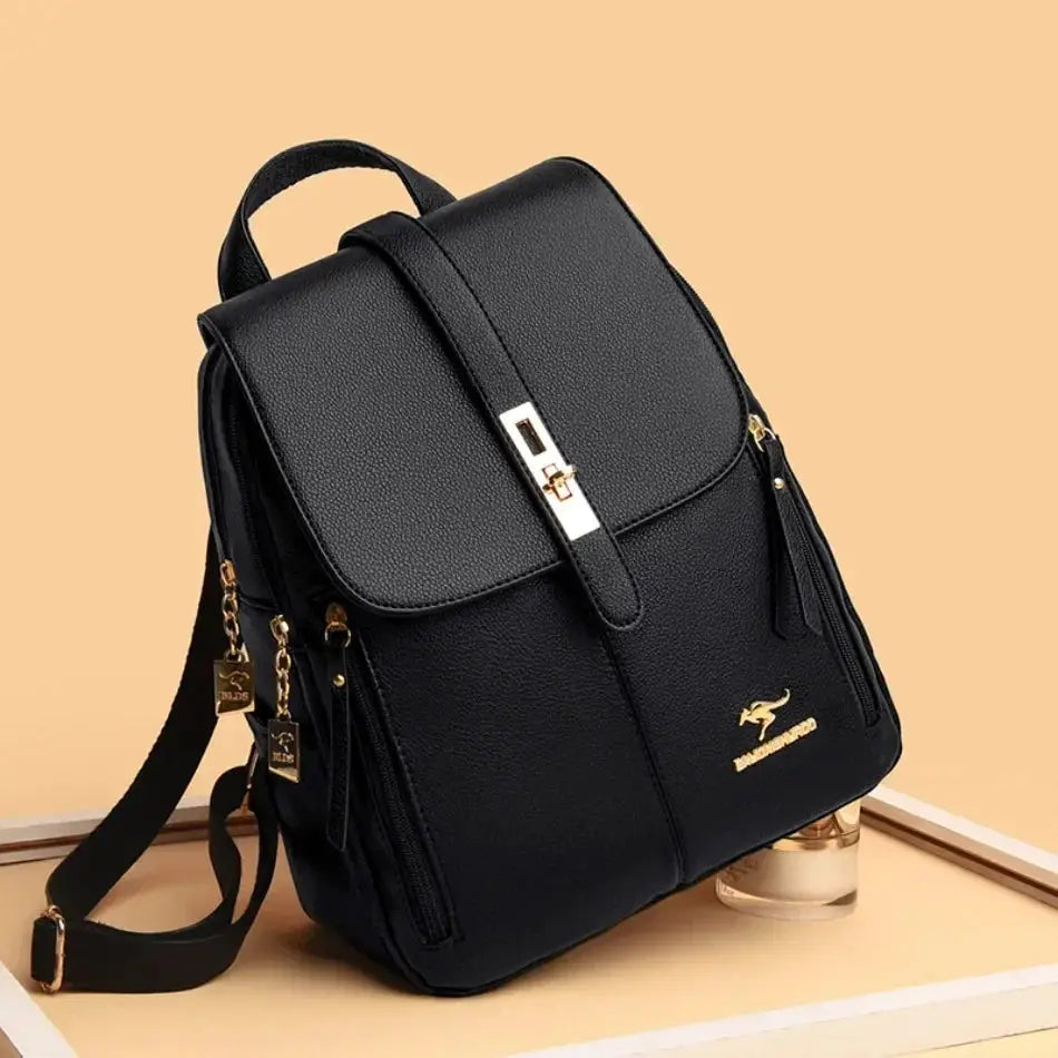 Women’s leather backpack, large-capacity black bag with gold hardware by Simples Market.