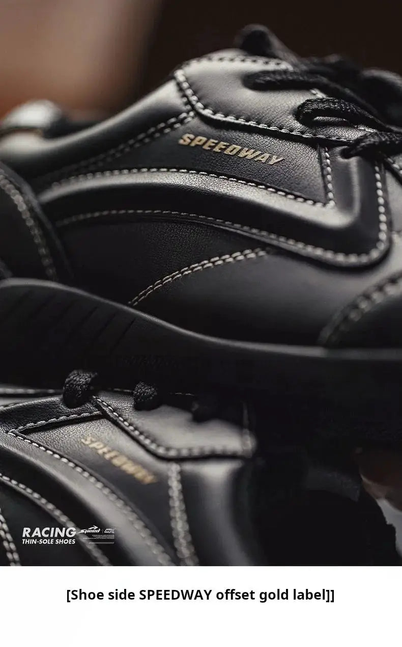 Maden Speedway racing shoes, black leather sneakers with gold Speedway logo, lace-up, thin sole