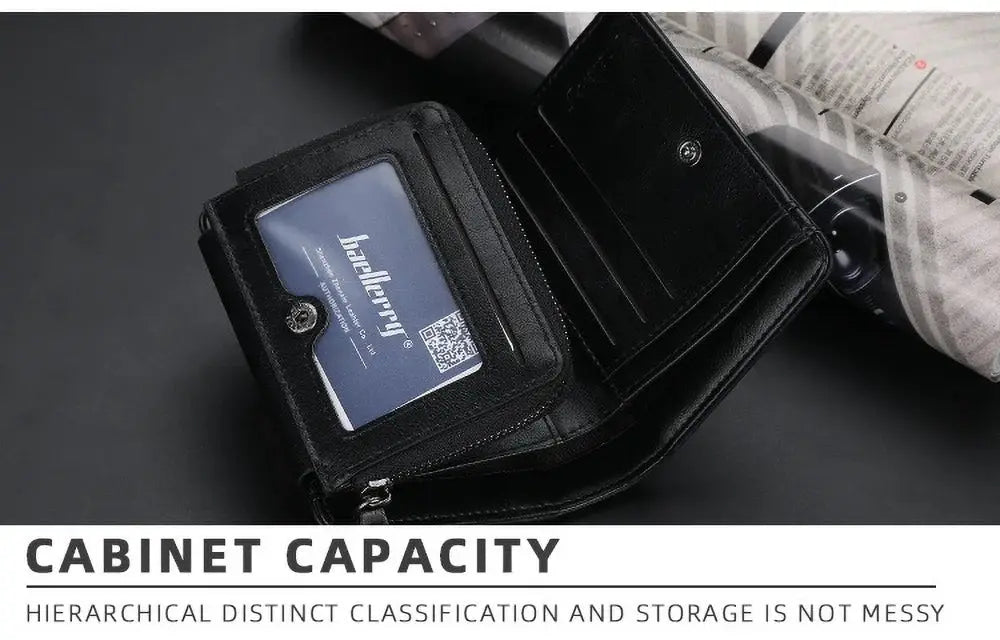 Baellerry men's short wallet in black PU leather with RFID blocking, front-pocket design