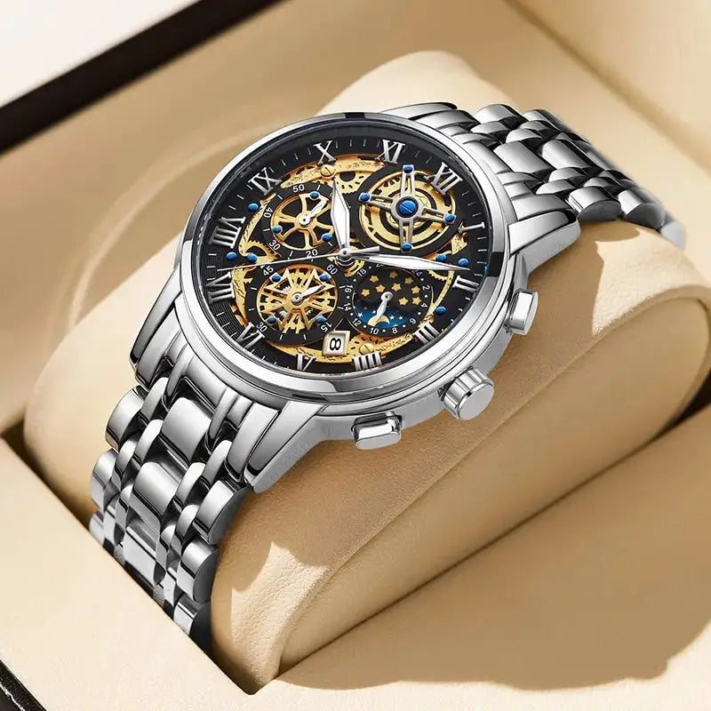 LIGE men's stainless steel skeleton chronograph watch with visible gold gears and Roman numeral dial