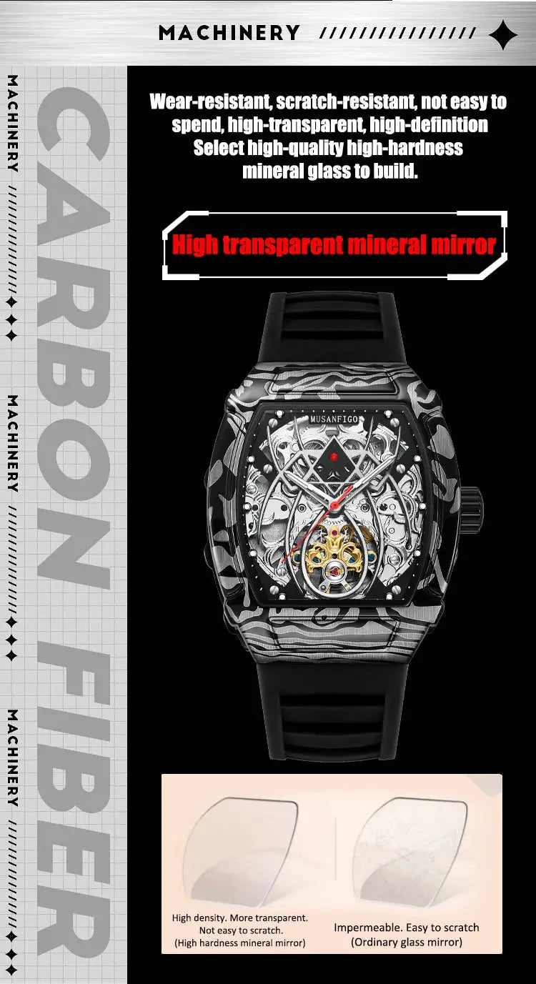 MUSANFIGO hollow skeleton automatic watch, barrel-shaped black case with luminous dial and exposed movement