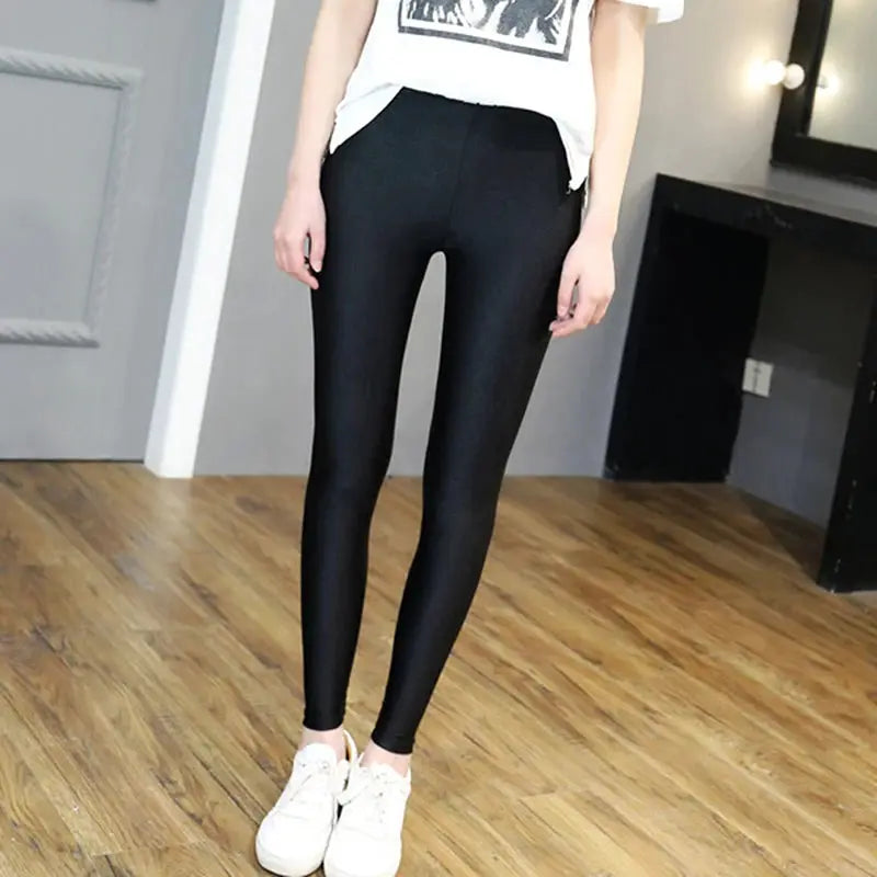Women shiny black high-waist leggings; stretchy, push-up slim fit, large size