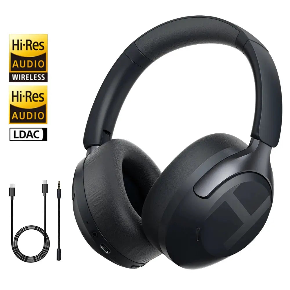 Haylou S40 ANC wireless over-ear headphones in black; LDAC Bluetooth 6.0, Hi-Res Audio logo visible