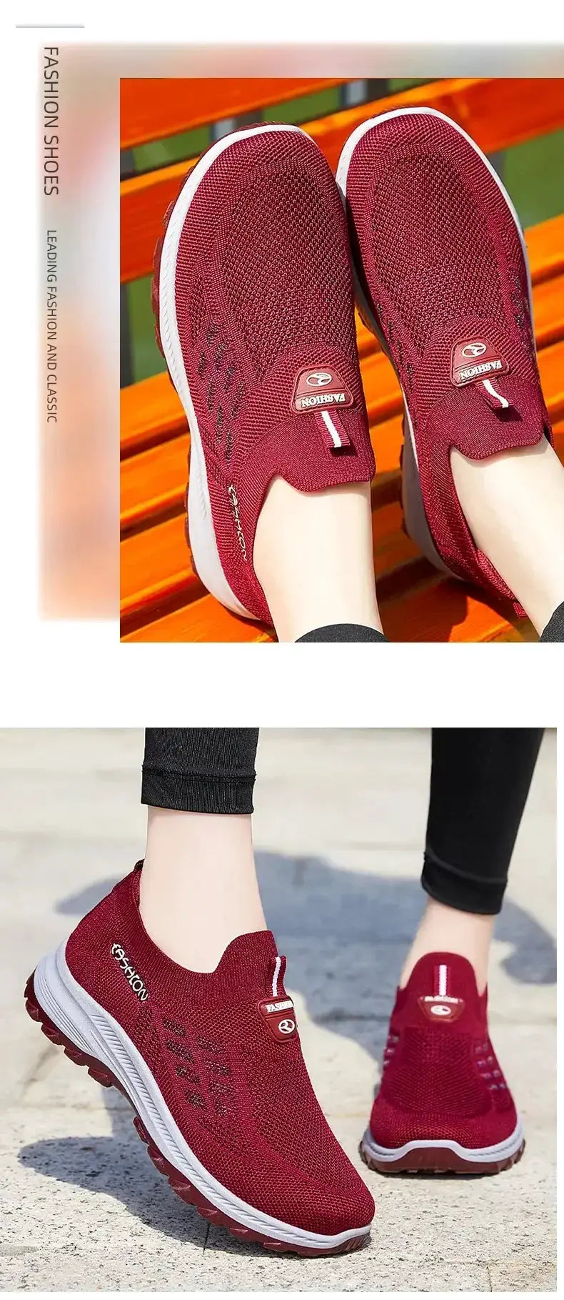 Red slip-on breathable sport shoes, pair shown, knit upper, white sole