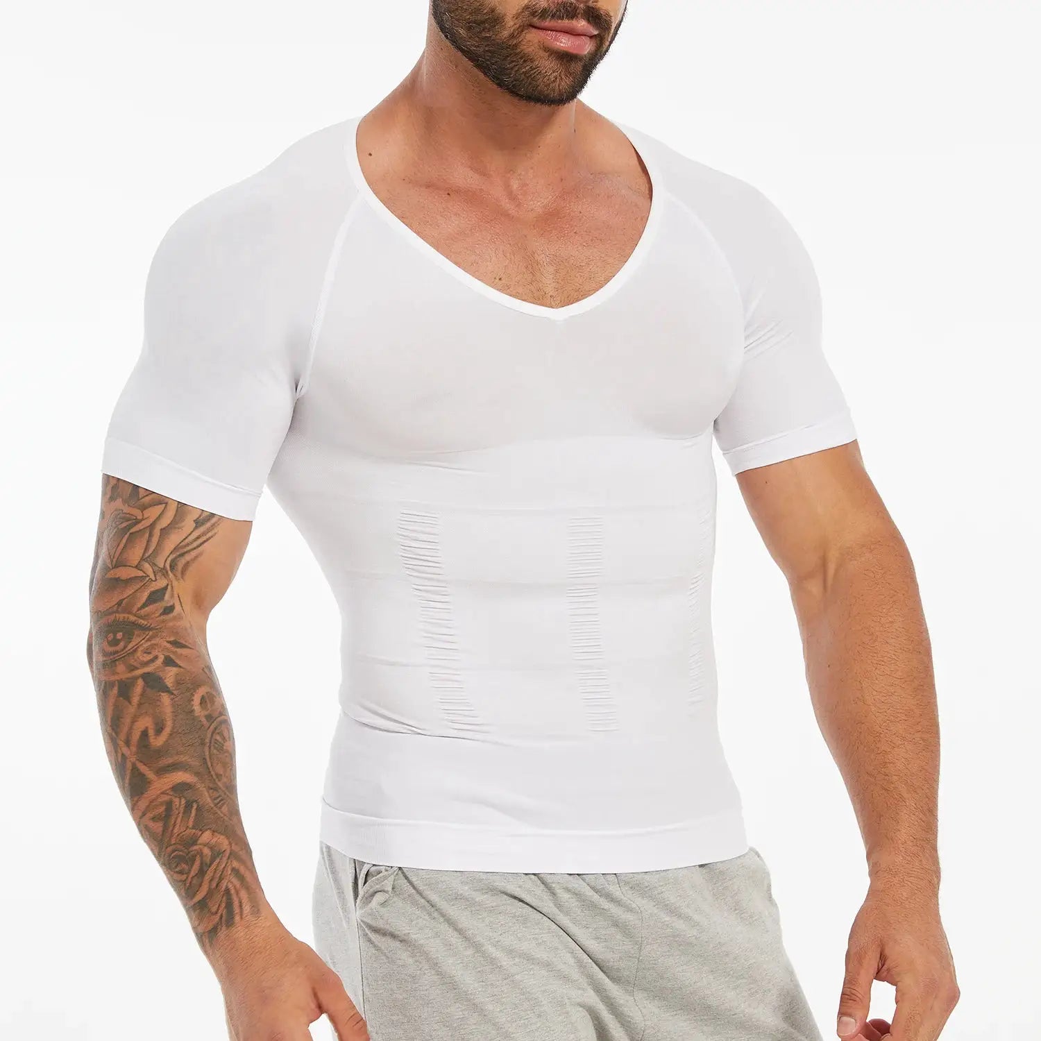 Simples Market men's white V-neck short-sleeve compression T-shirt with tummy-control shapewear