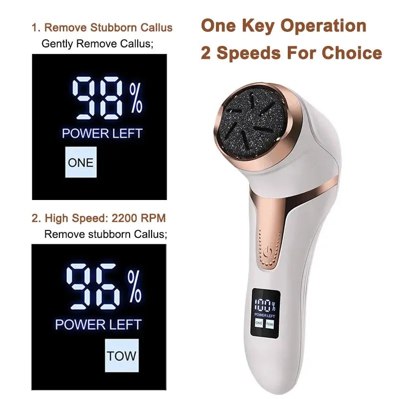 Electric pedicure foot care tool with two speeds, white with rose-gold trim and digital display.