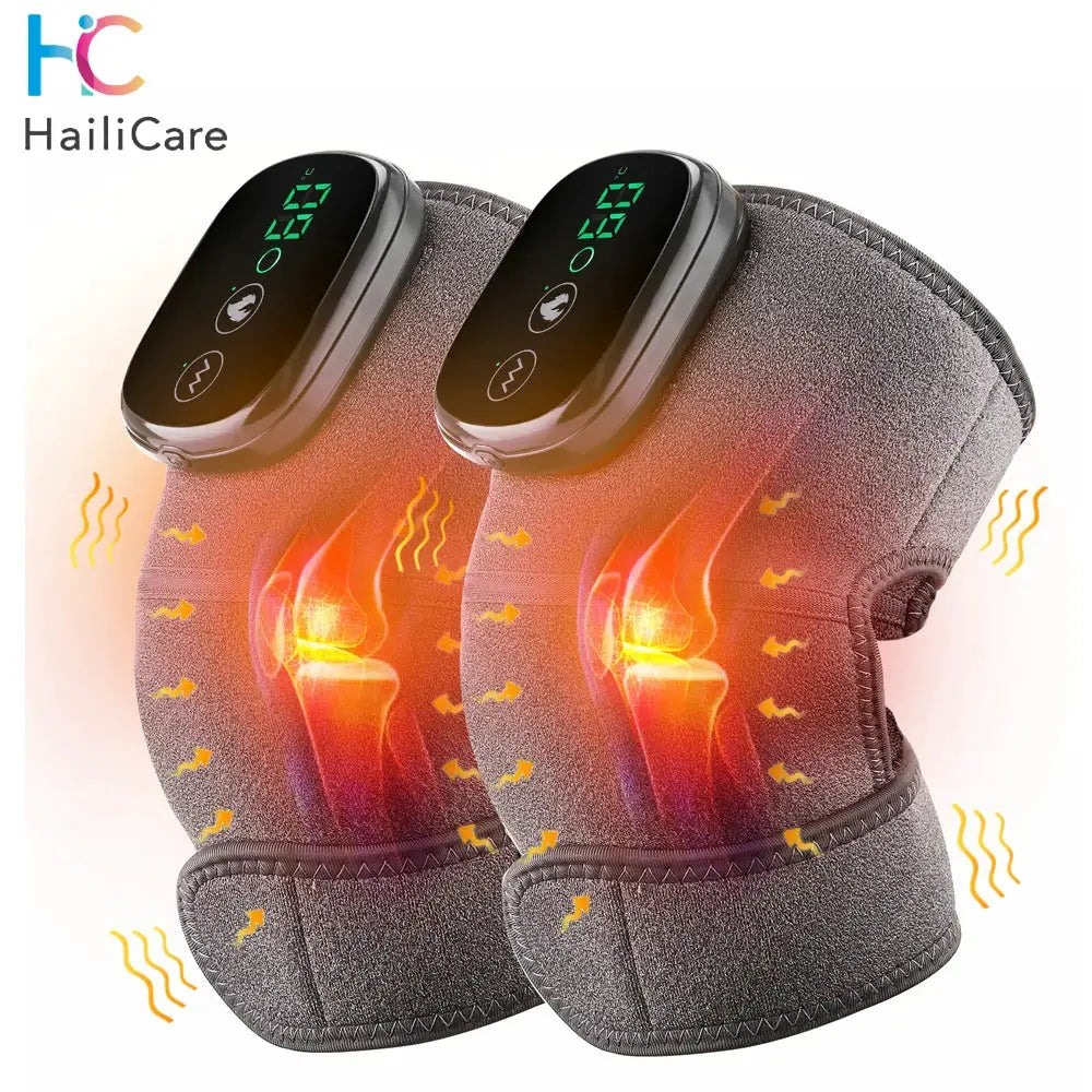 Two electric heating knee massagers by HailiCare, gray fabric wraps with digital control panels