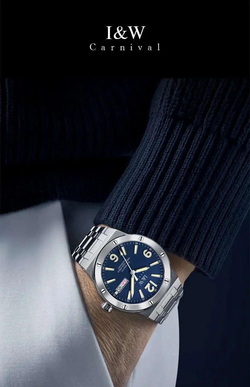 Watch Carnival IW high-end sapphire mechanical, blue dial, stainless steel bracelet, 50M water resistant