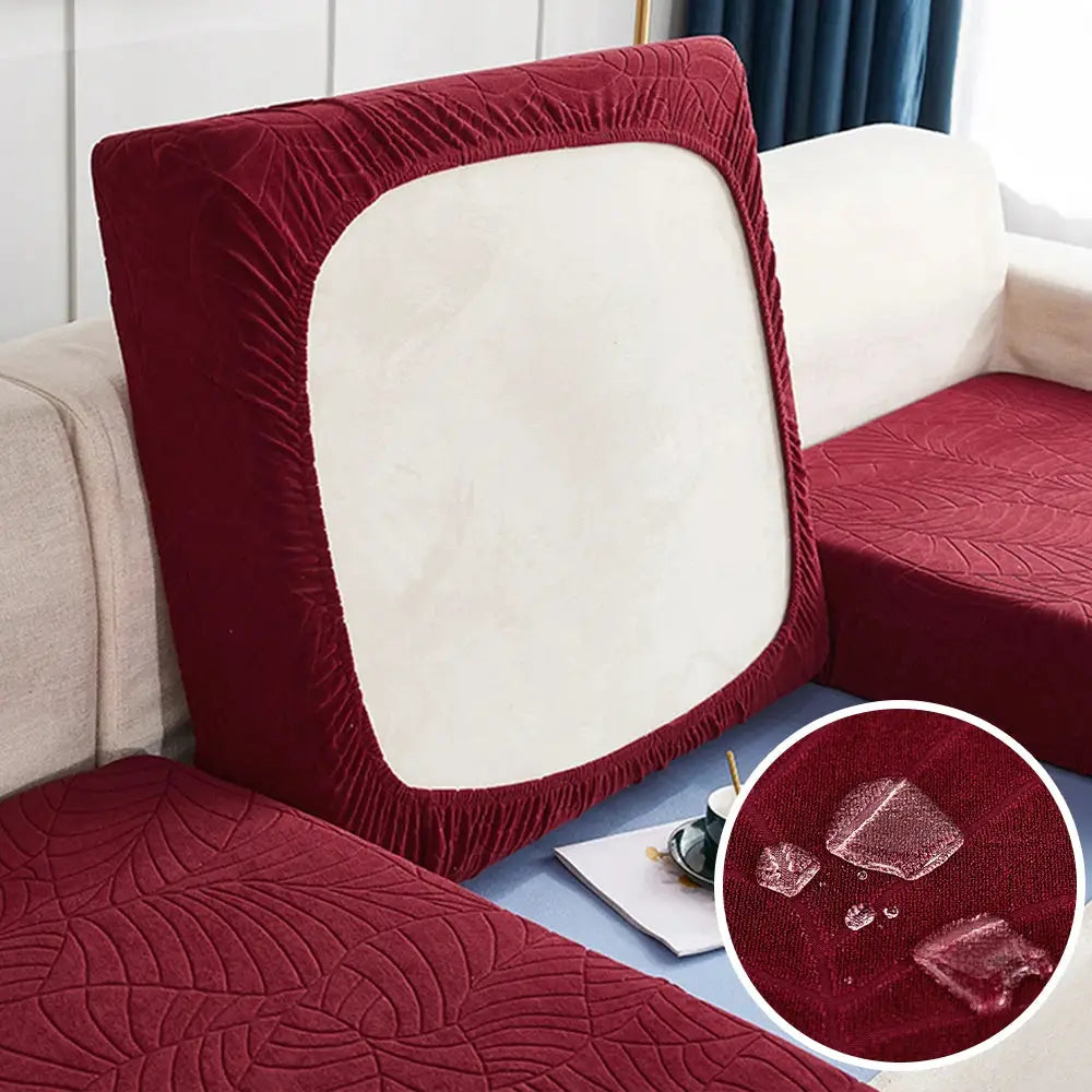 Waterproof stretch sofa cushion cover set in red jacquard fabric for chaise lounge; removable protector