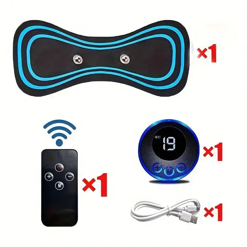 Simples Market EMS neck massager with blue trim, wireless remote, circular control unit, and USB cable (4-piece set).