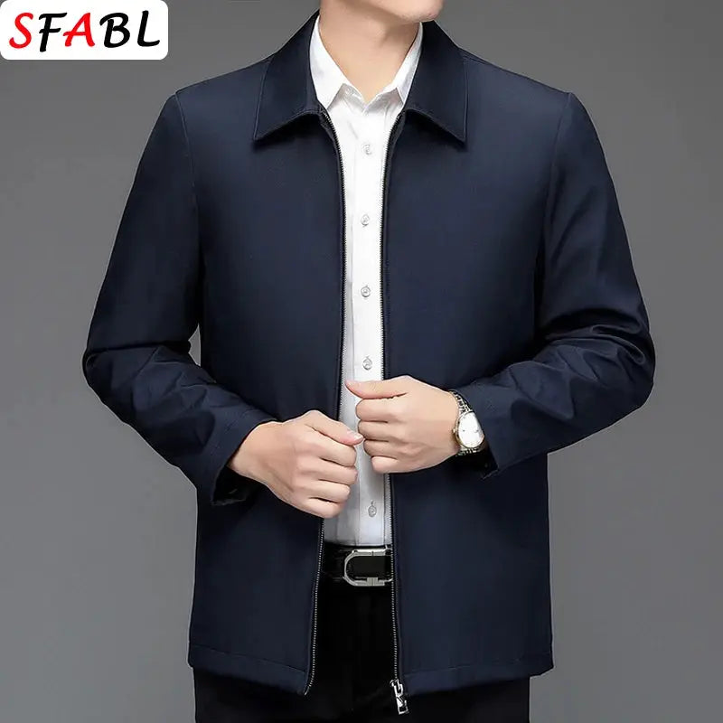 Men's navy zip-front casual business blazer by Simples Market; SFABL logo visible.