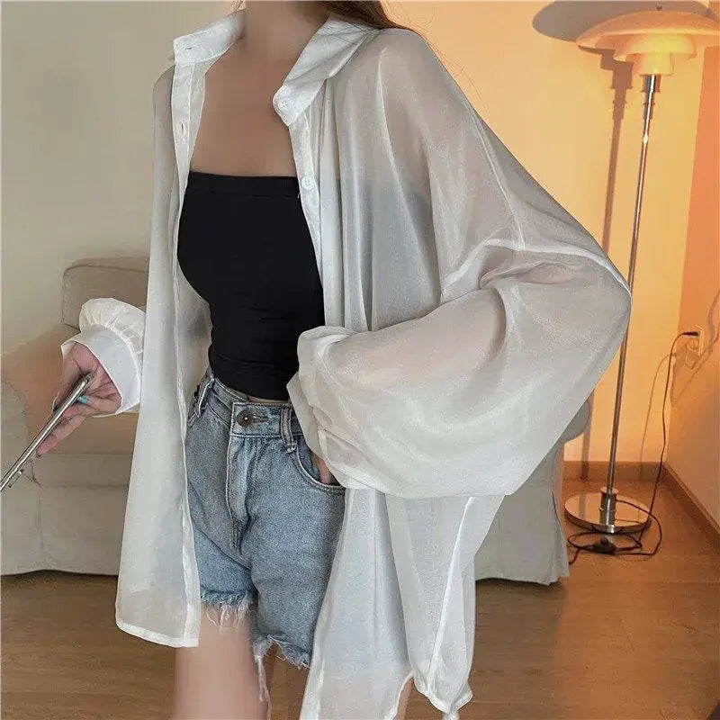 Xpqbb white chiffon blouse, sheer long sleeves, loose-fit worn over black tube top with denim shorts