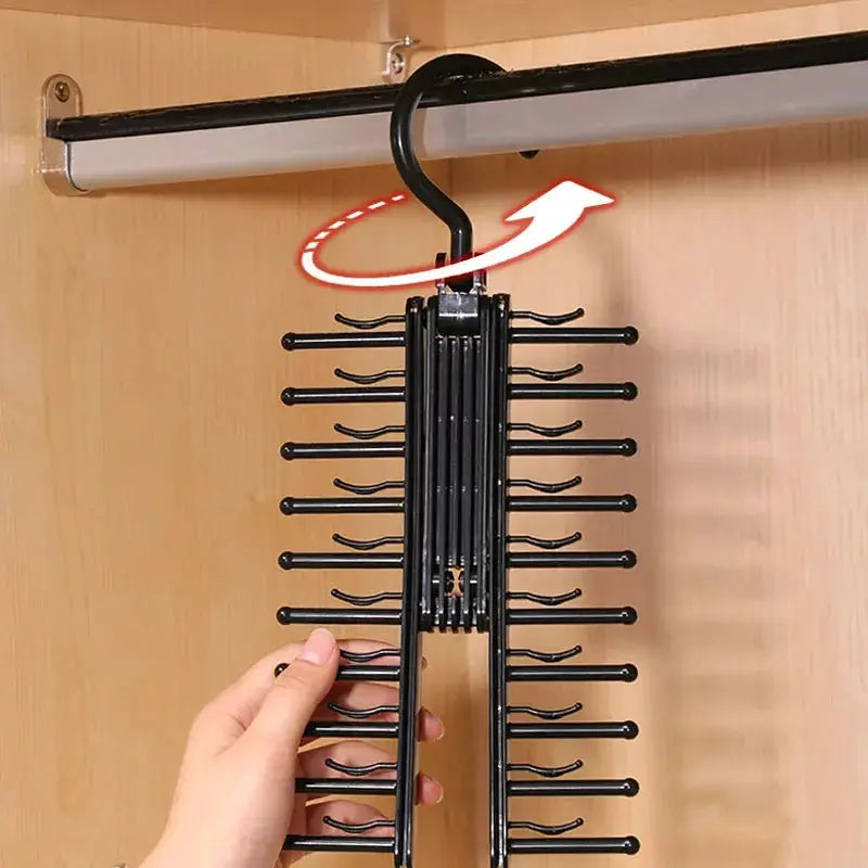 Adjustable tie storage rack, black metal, 360-degree rotating closet organizer.