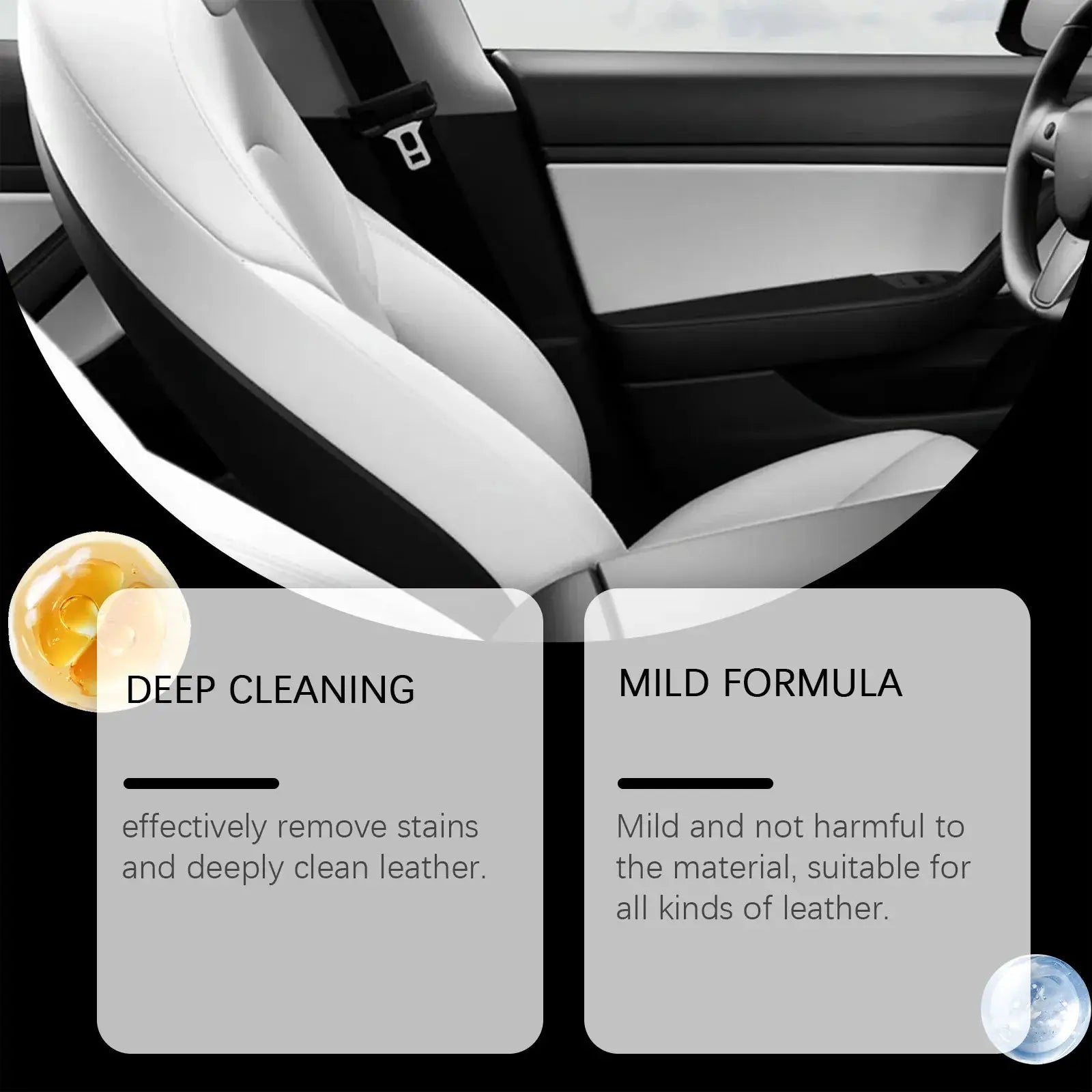 Car leather cleaning cream by Simples Market; white interior leather seats and steering wheel