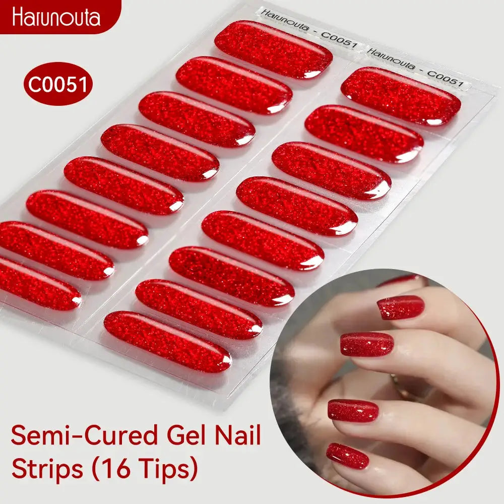 Semi-Cured Gel Nail Strips by Harunouta, red glitter, 16 tips