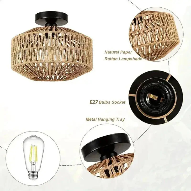 Natural Bamboo Ceiling Chandelier by Simples Market; handmade rattan pendant lamp with beige woven shade and E27 socket