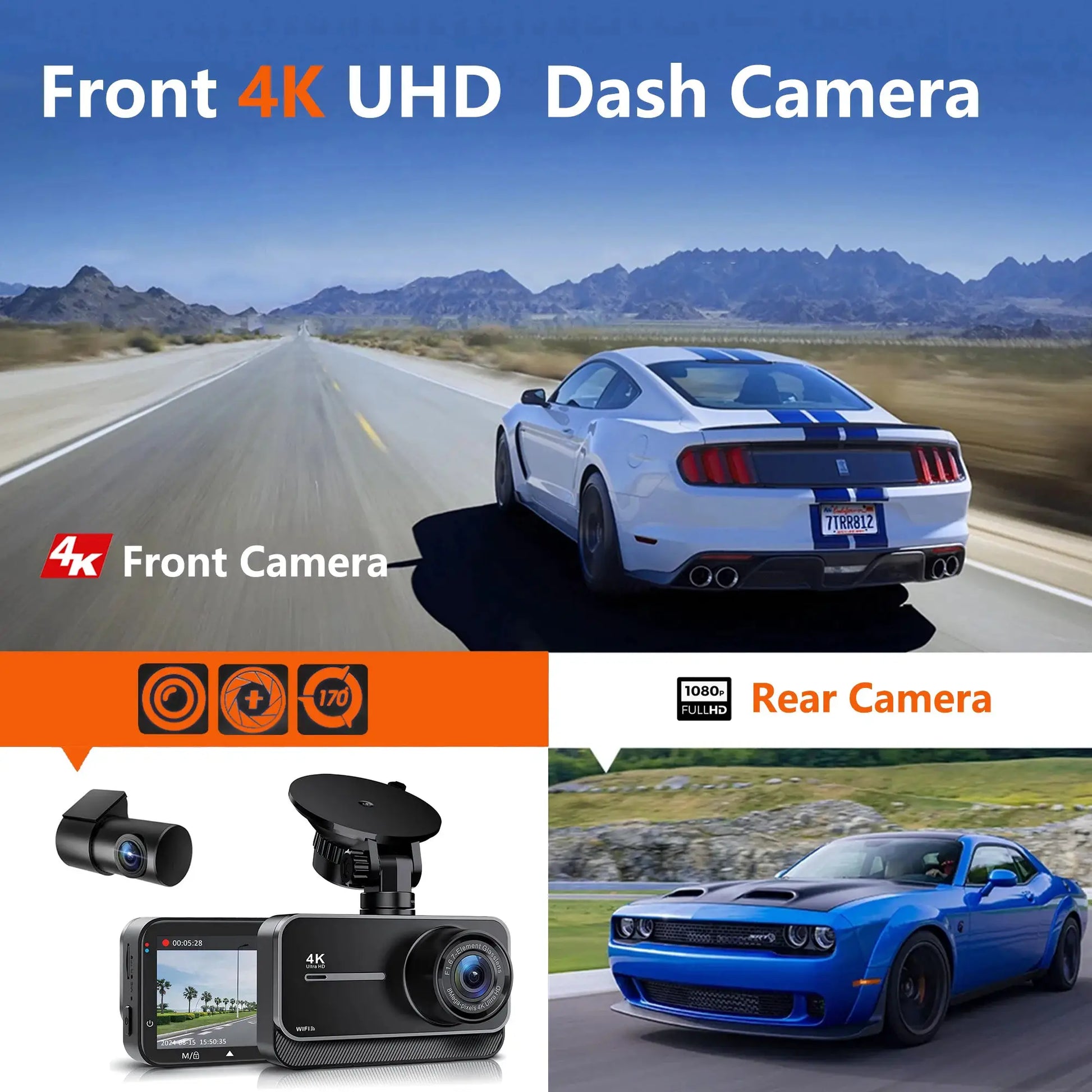 Simples Market 4K car dash cam with Wi-Fi, front and rear cameras, black