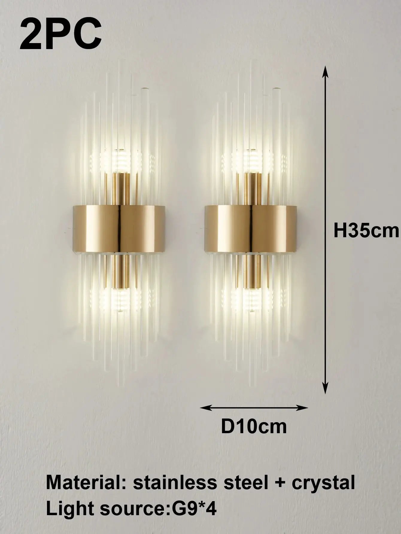 Wall sconces, gold and black stainless steel with crystal rods, 2-piece set by Simples Market, G9 light source