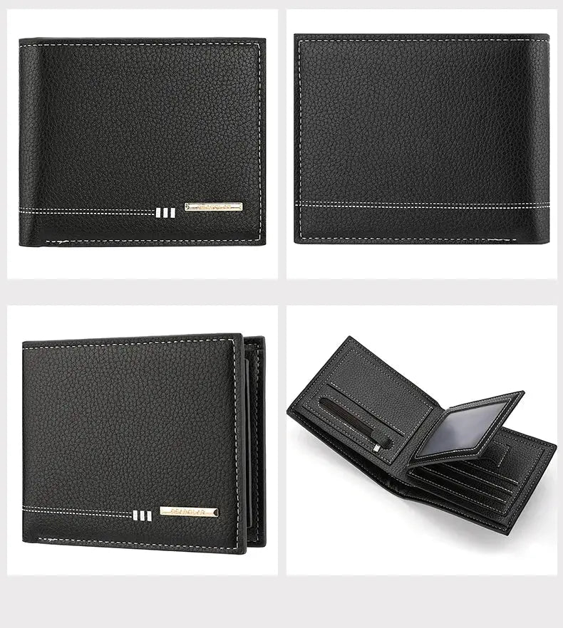 Men's black lychee-textured leather wallet with zipper coin purse and card slots, Simples Market