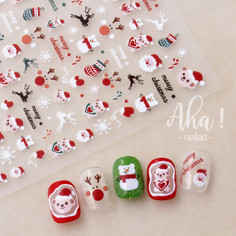 Winter Christmas nail sticker sheet, self-adhesive with Santa, snowman, reindeer and snowflakes; Aha! nailart