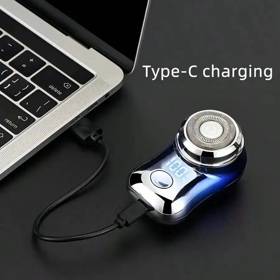 Simples Market cordless foil shaver with digital display, blue chrome body and Type-C charging.