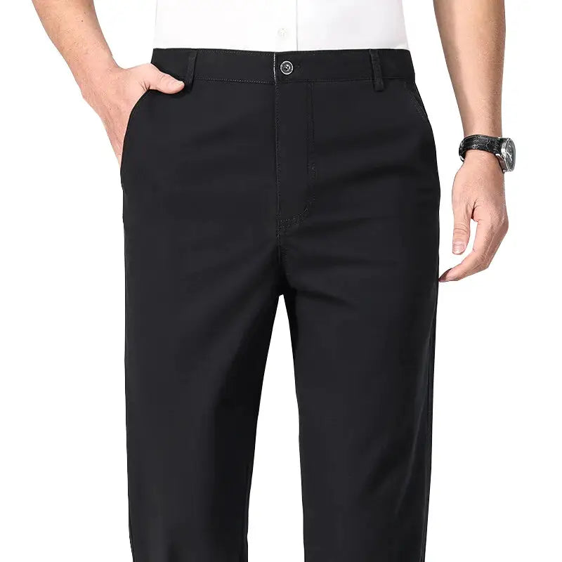Mens Simples Market black chino pants with pockets, lightweight business casual dress trousers.