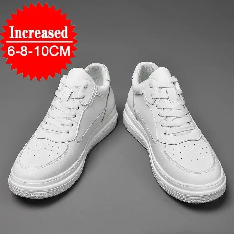 White leather men’s elevator sneakers with lace-up design and 6/8/10 cm height boost