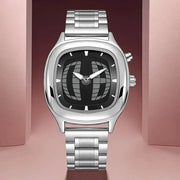 Men's stainless steel watch with black dial and silver bracelet.