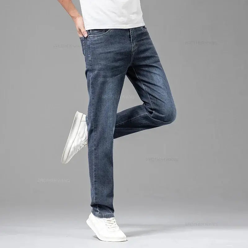 Summer thin men's elastic cotton jeans in gray by Simples Market, straight casual pants.
