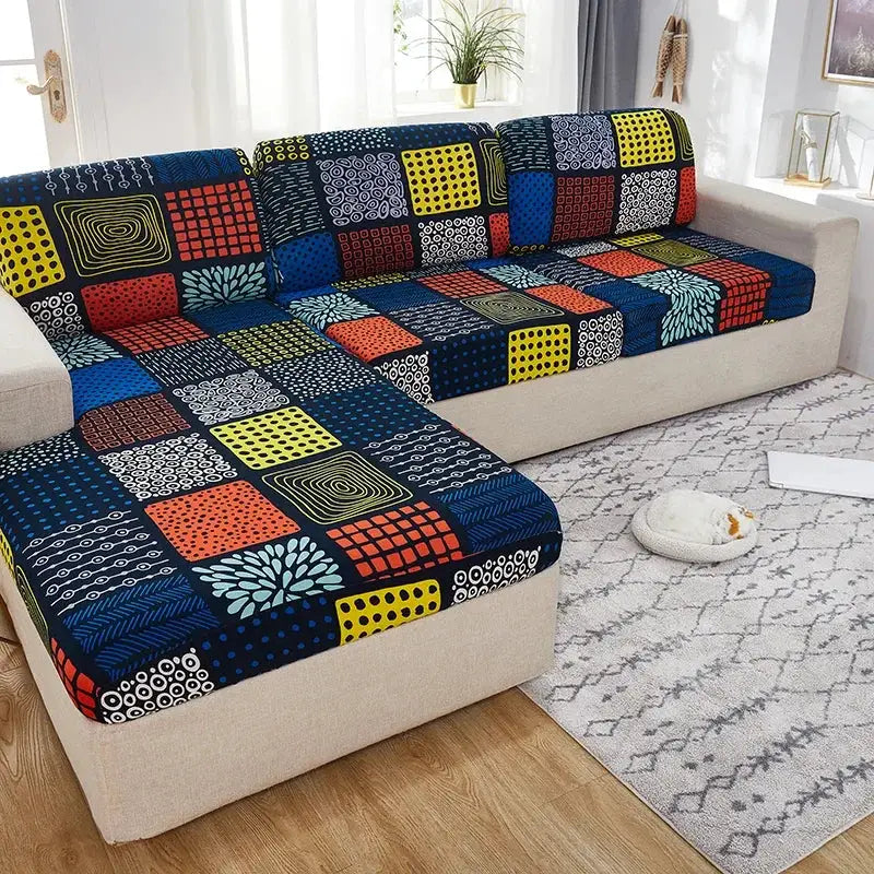 Elastic sofa slipcover with multicolor patchwork for sectional living room sofa