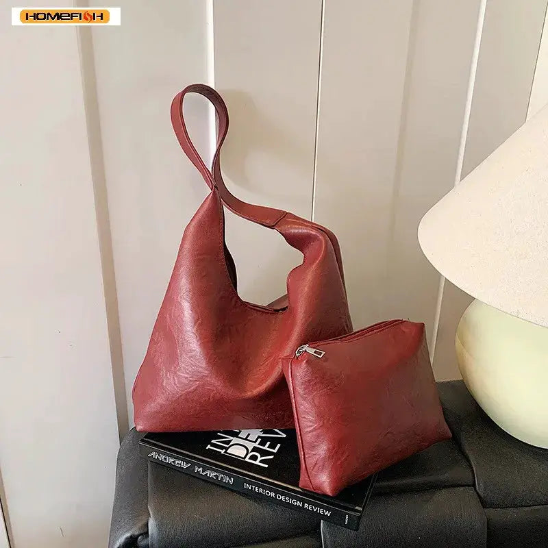 Homefish Spacious PU Leather Tote Bag With Retro Design For Everyday Use Durable Shoulder Bag