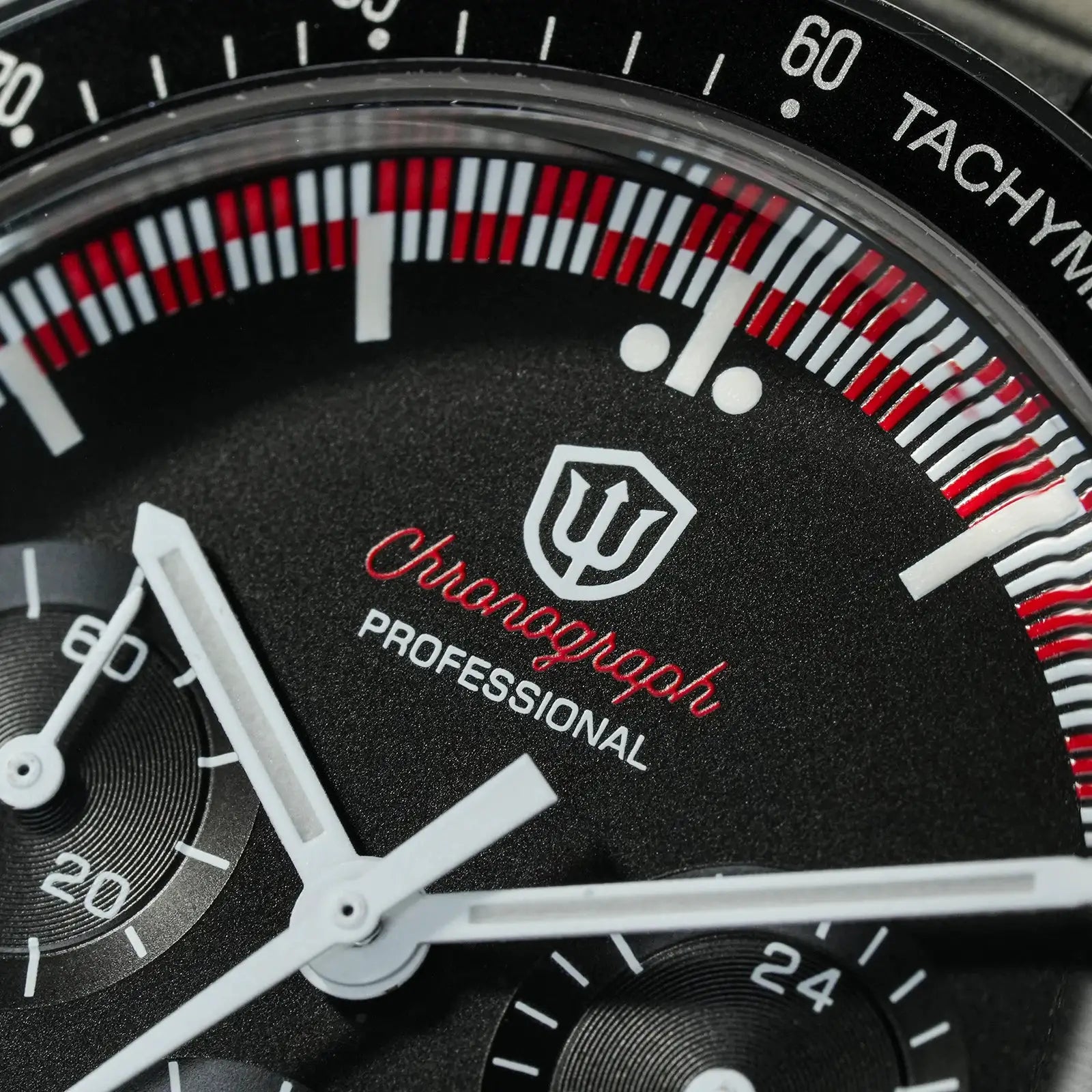 Watch WD1863 39mm quartz chronograph with black dial, white hands, red tachymeter ring, luminous markers Simples Market