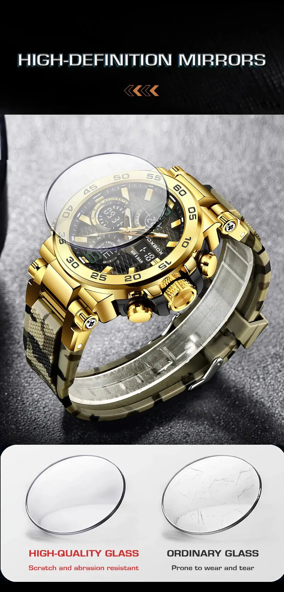 LIGE electronic men's wristwatch with gold-tone case and camouflage strap, black dial with subdials