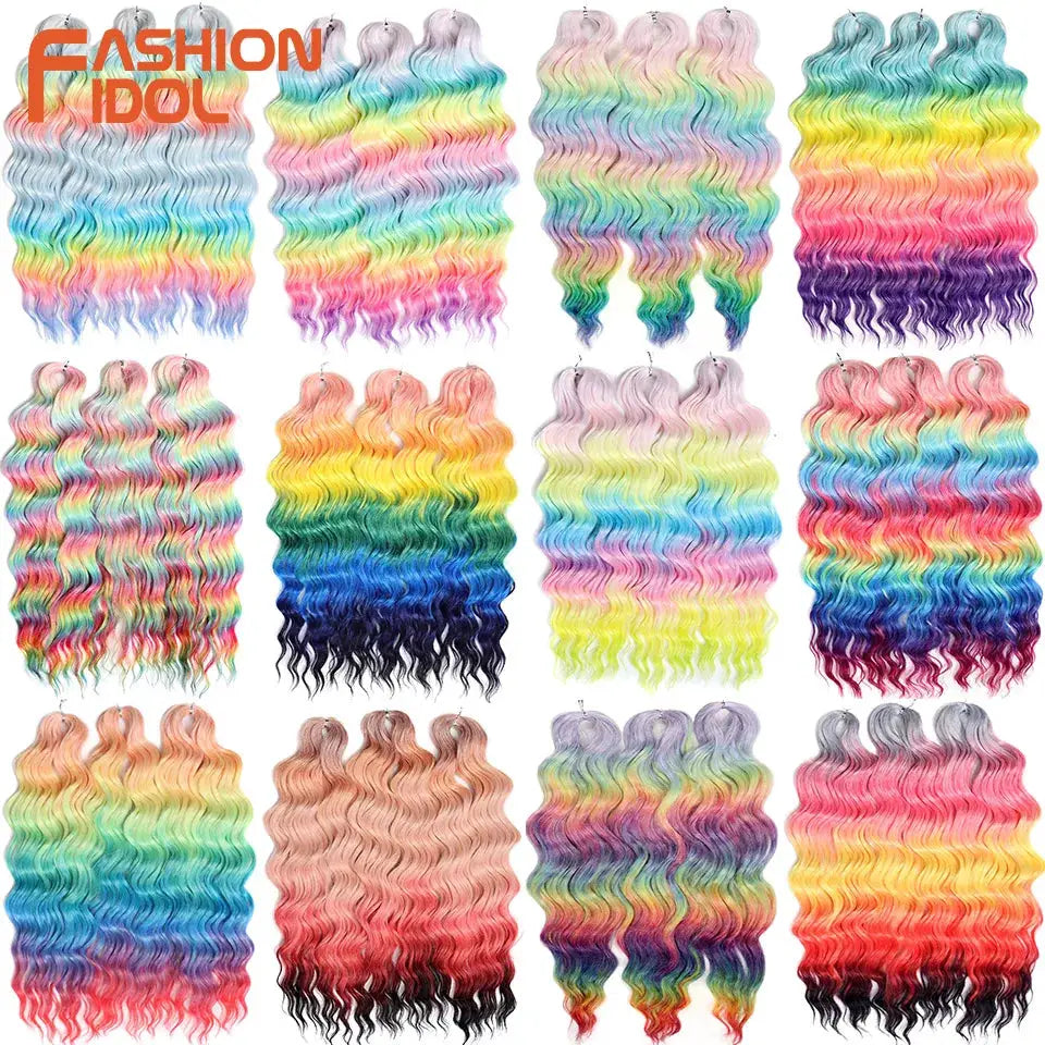 Anna 24in synthetic water-wave braiding hair extensions, rainbow ombre, 16 bundles