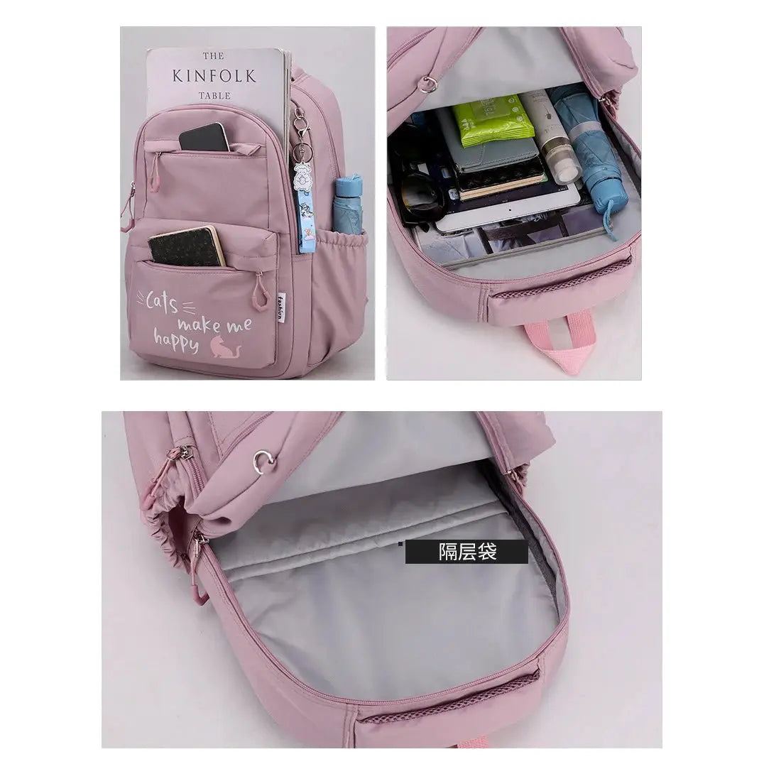 Pink kawaii school backpack featuring multiple compartments, lightweight design, and stylish cat graphic.