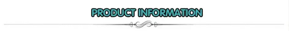 Product information banner with teal text and decorative underline.