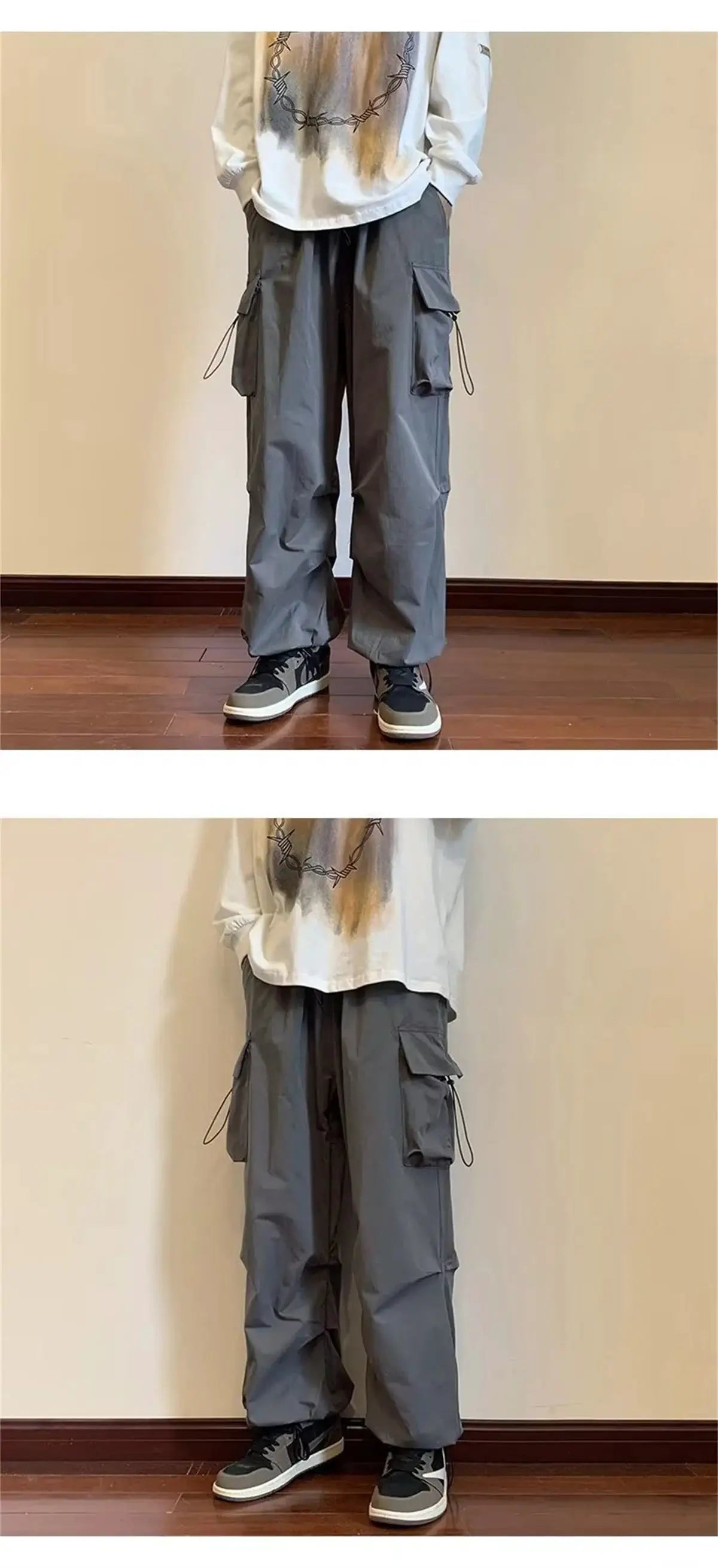 Streetwear cargo pants with elastic waist, grey color, multiple pockets, baggy harem fit