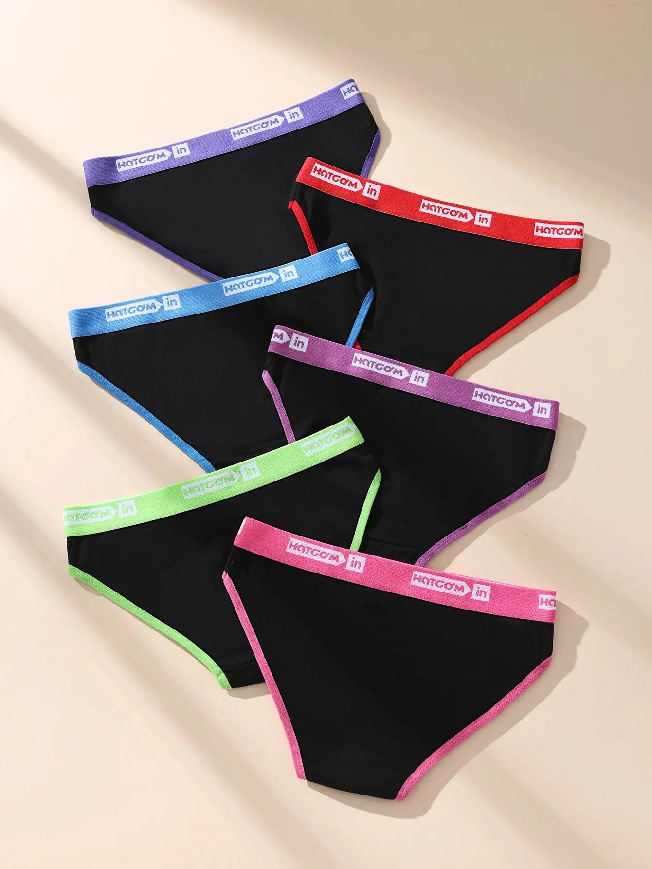 Women cotton panties 6-pack in black with multicolor waistband trims; breathable stretch fabric by Simples Market