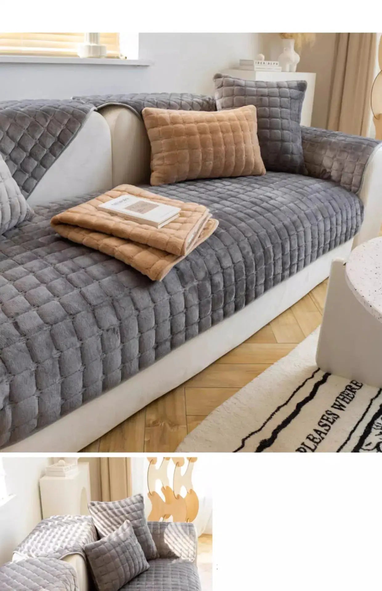 Plush velvet sofa cover with gray plaid quilted pattern, matching tan cushions; non-slip, four-season; Simples Market.
